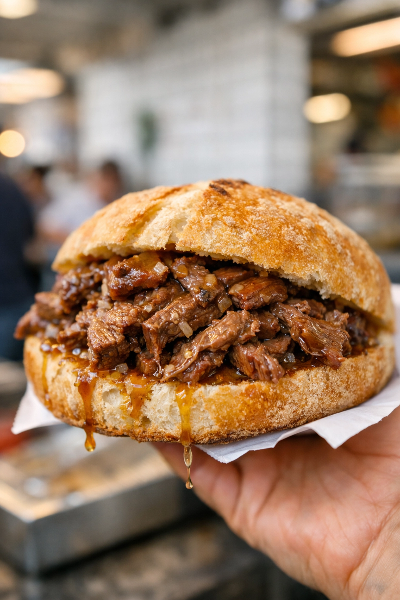 Traditional beef panino sandwich at Testaccio Market, offering the best cheap eats in Rome.