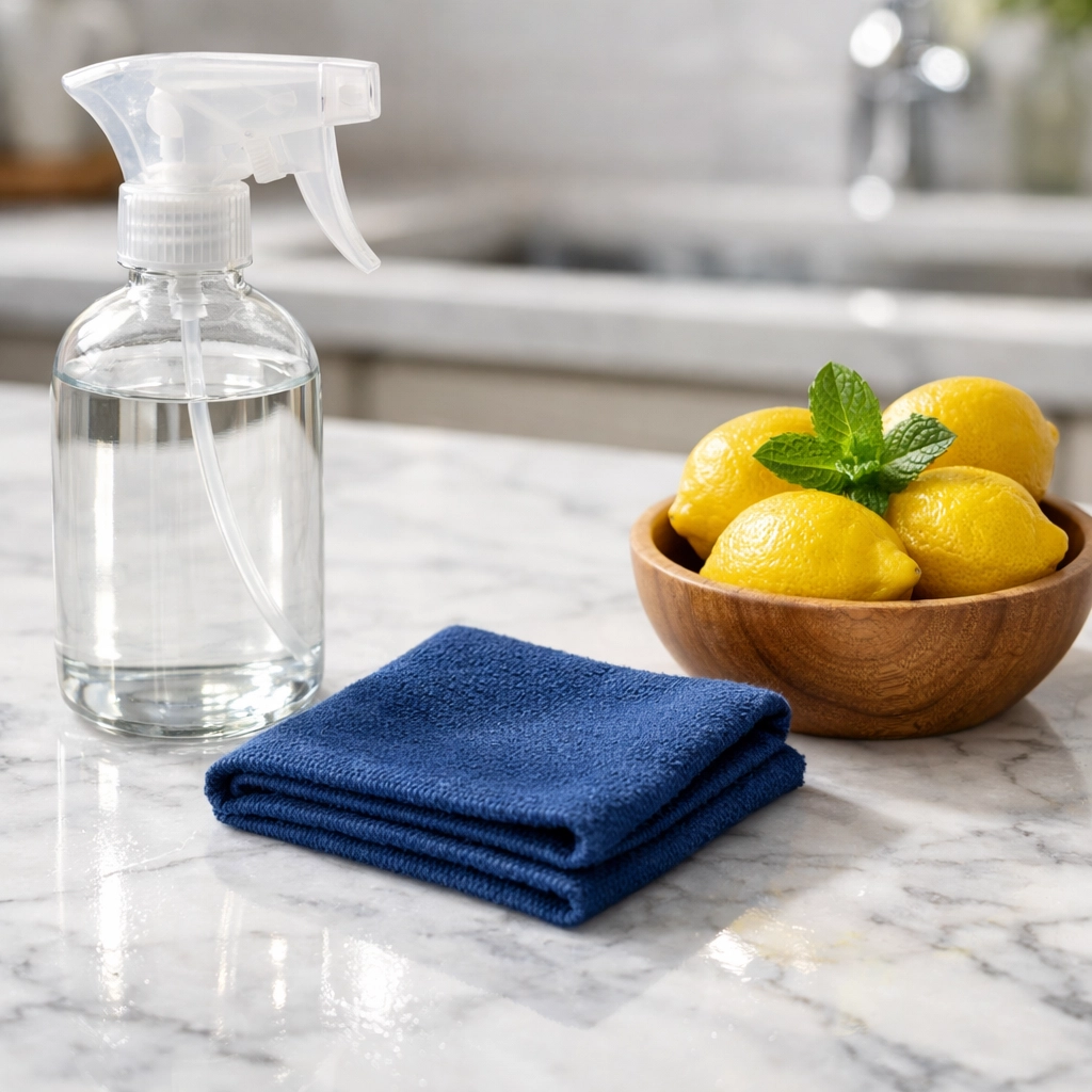 Eco-friendly house cleaning Wayland MA using natural products on a spotless white marble kitchen countertop.