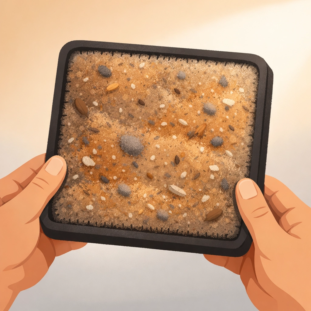 Dirty UTV air filter held up to light showing dust and debris buildup