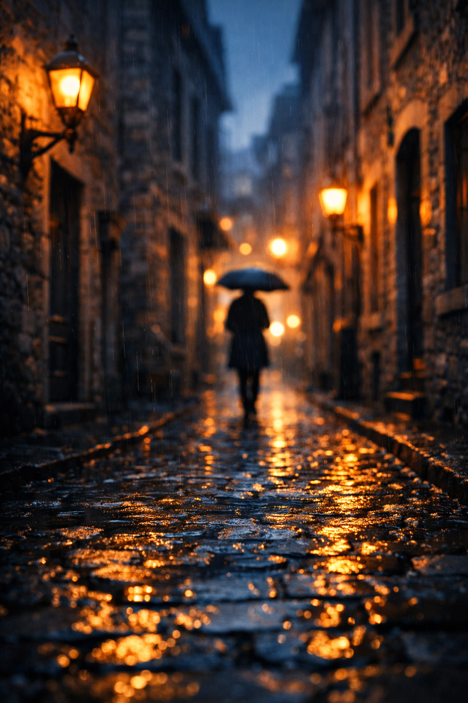 Rainy cobblestone alley in Old Montreal under the glow of vintage street lamps.