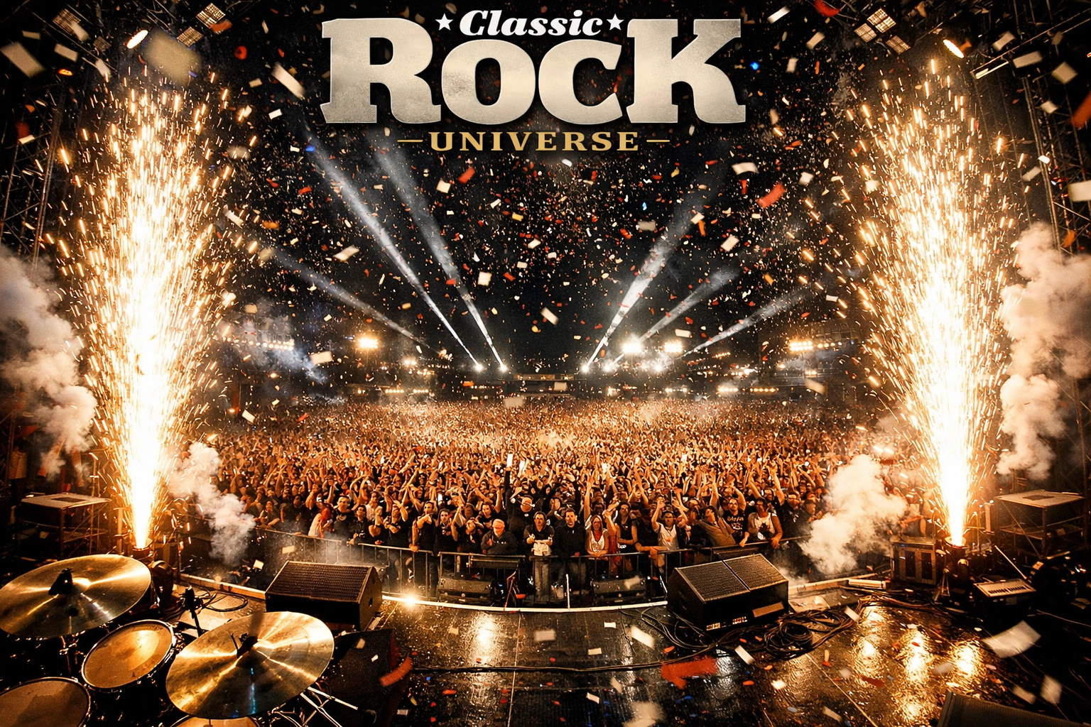 Massive festival crowd cheering at night with bright pyrotechnics and sparks from the main stage.