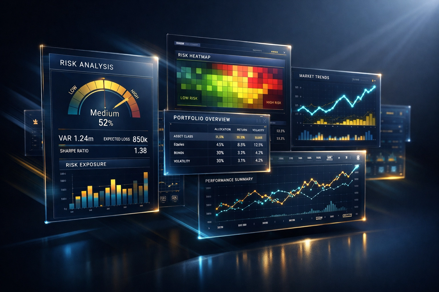 Financial dashboard displaying risk metrics and portfolio monitoring data for institutional investors