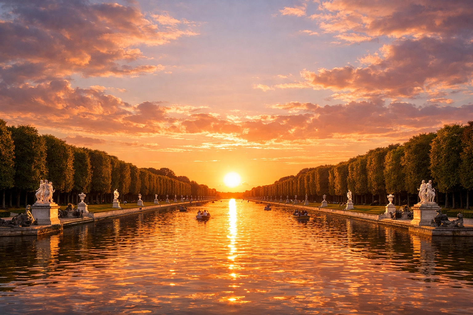 Golden hour at the Grand Canal, one of the best photography locations in the Versailles gardens.