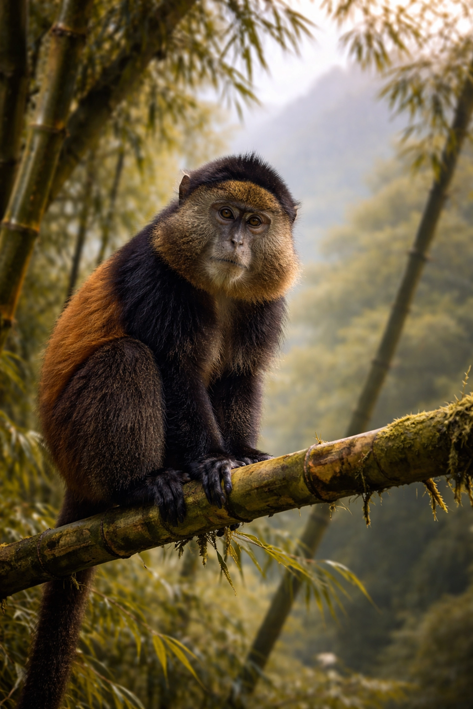 Golden monkey perched on bamboo in Mgahinga National Park, a unique wildlife highlight of gorilla trekking.