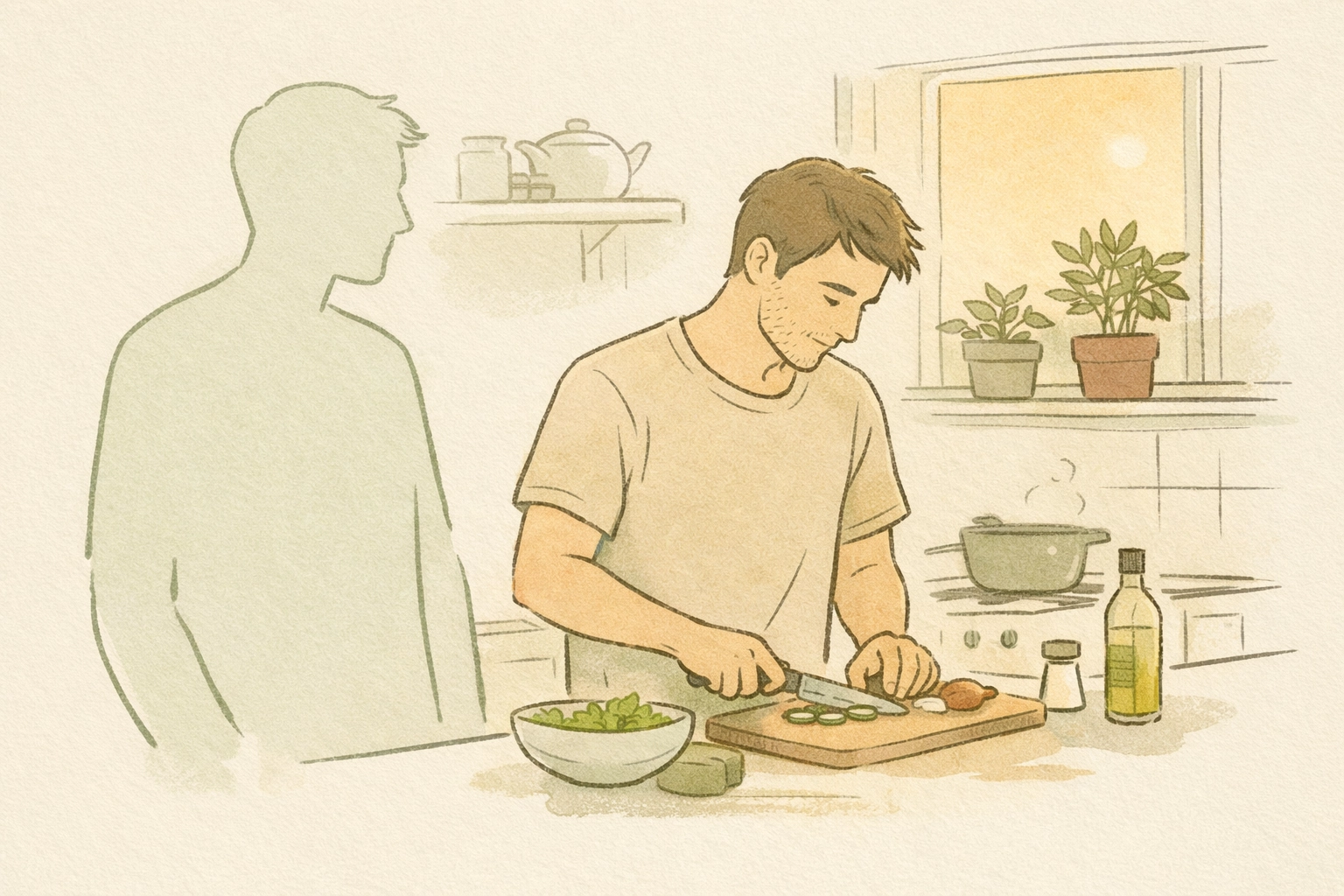 Domestic scene showing gay man finding emotional safety and comfort with synthetic companion