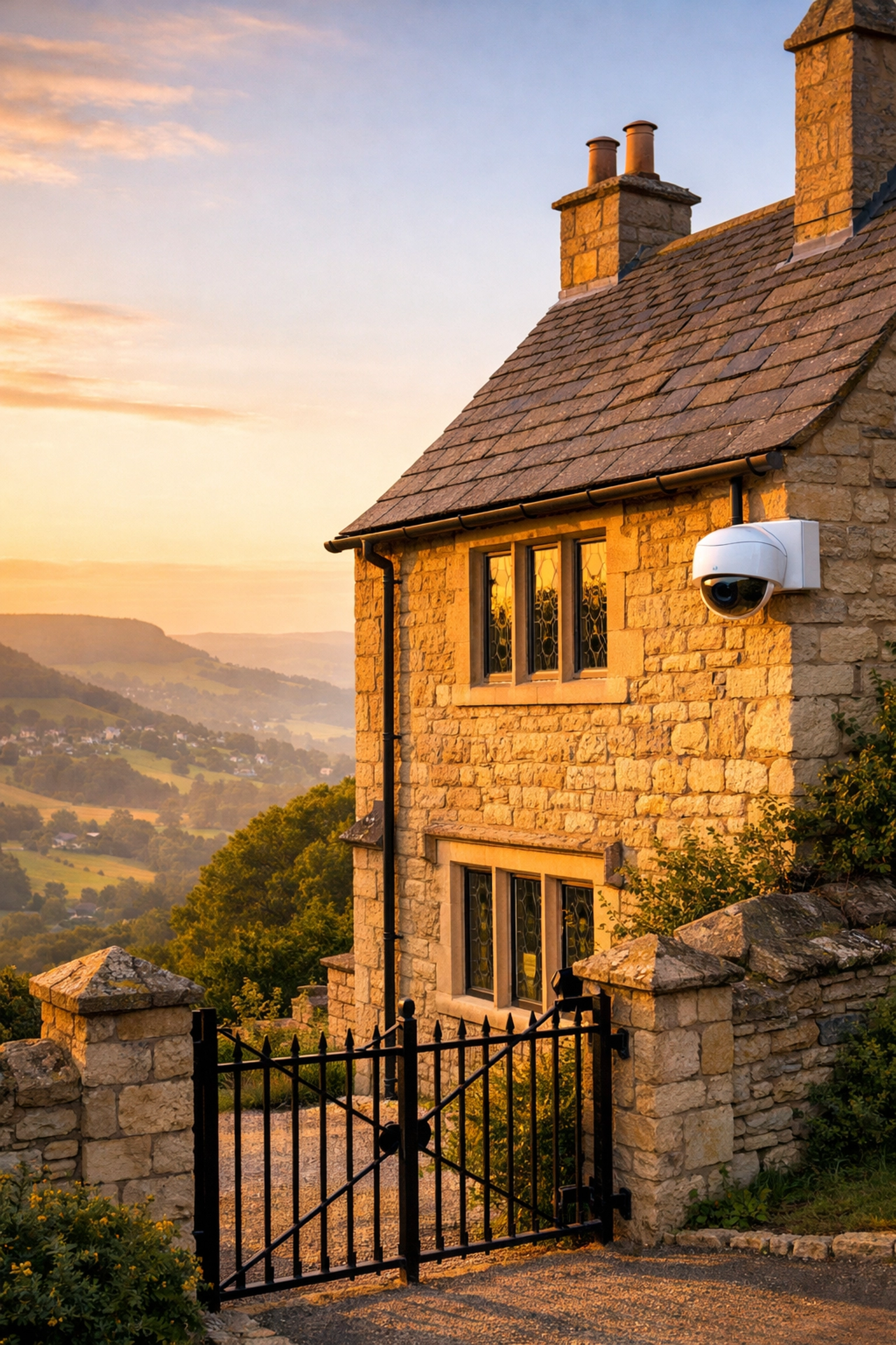 CCTV installation Stroud on a traditional Cotswold cottage for discreet and robust home security.