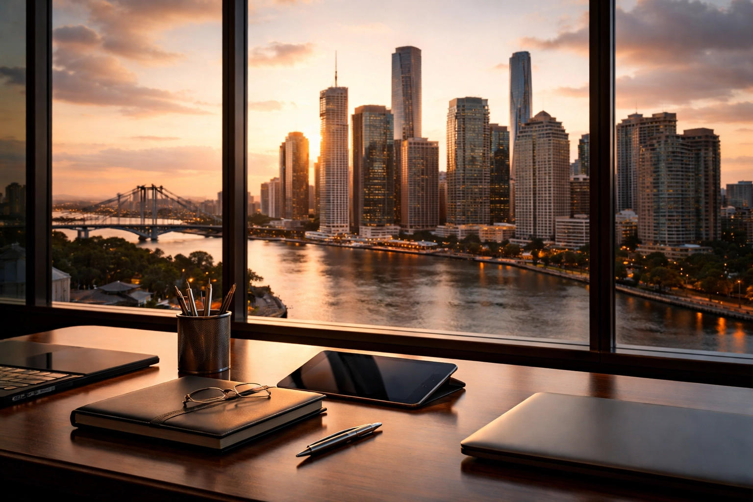 Brisbane CBD skyline seen from office window with premium office supplies on executive desk