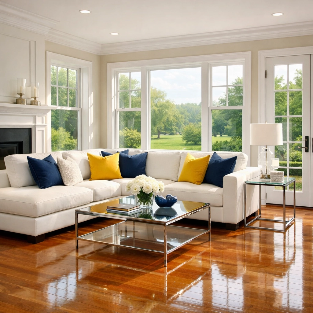 A sparkling clean living room in Warren MA with polished floors after a professional weekly house cleaning service.