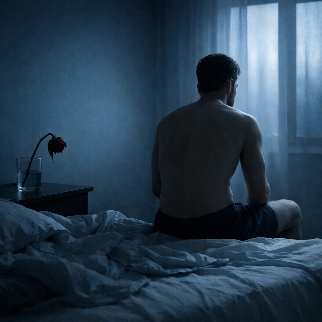 A man sitting alone in a somber, dimly lit room, illustrating the quiet reality of grief and loss in the queer community.