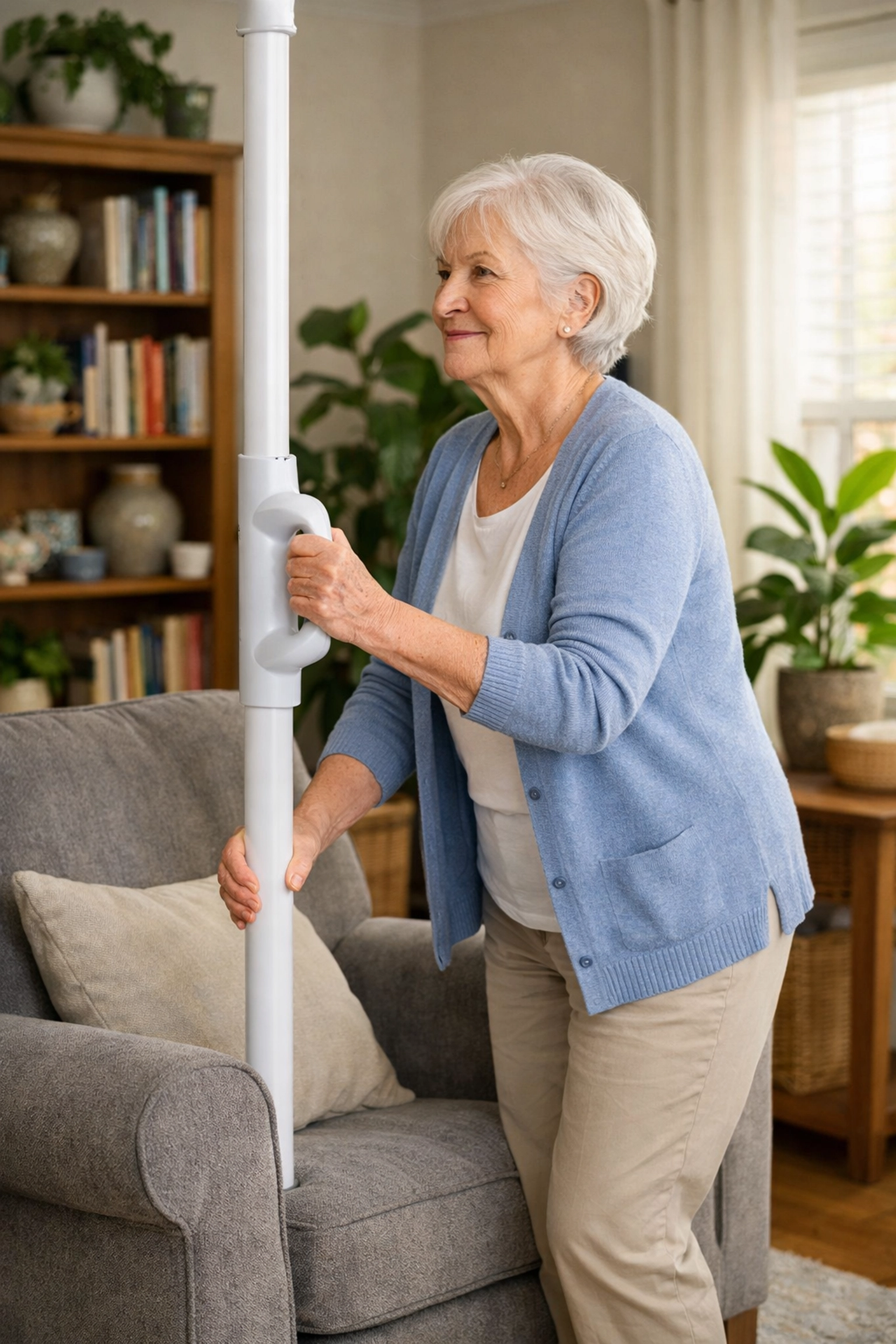 Senior woman using a floor-to-ceiling stability pole to safely stand from an armchair.
