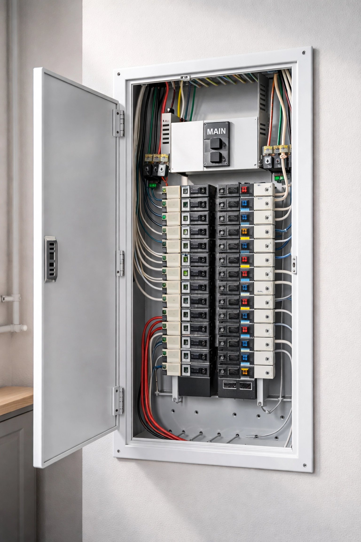 Open modern electrical panel with organized circuit breakers, highlighting safe home wiring by Atlanta emergency electricians