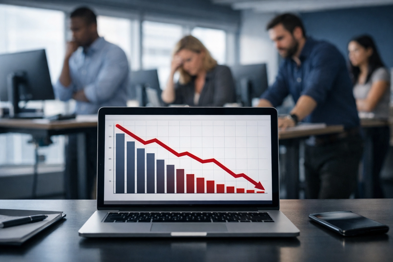 Declining AI ROI metrics displayed on laptop in modern office workspace Declining AI ROI metrics displayed on laptop in modern office workspace