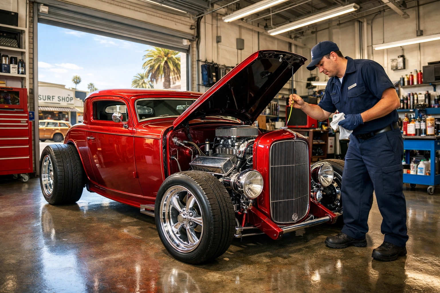 A vintage cherry-red hot rod undergoing professional maintenance at a Santa Cruz auto shop.