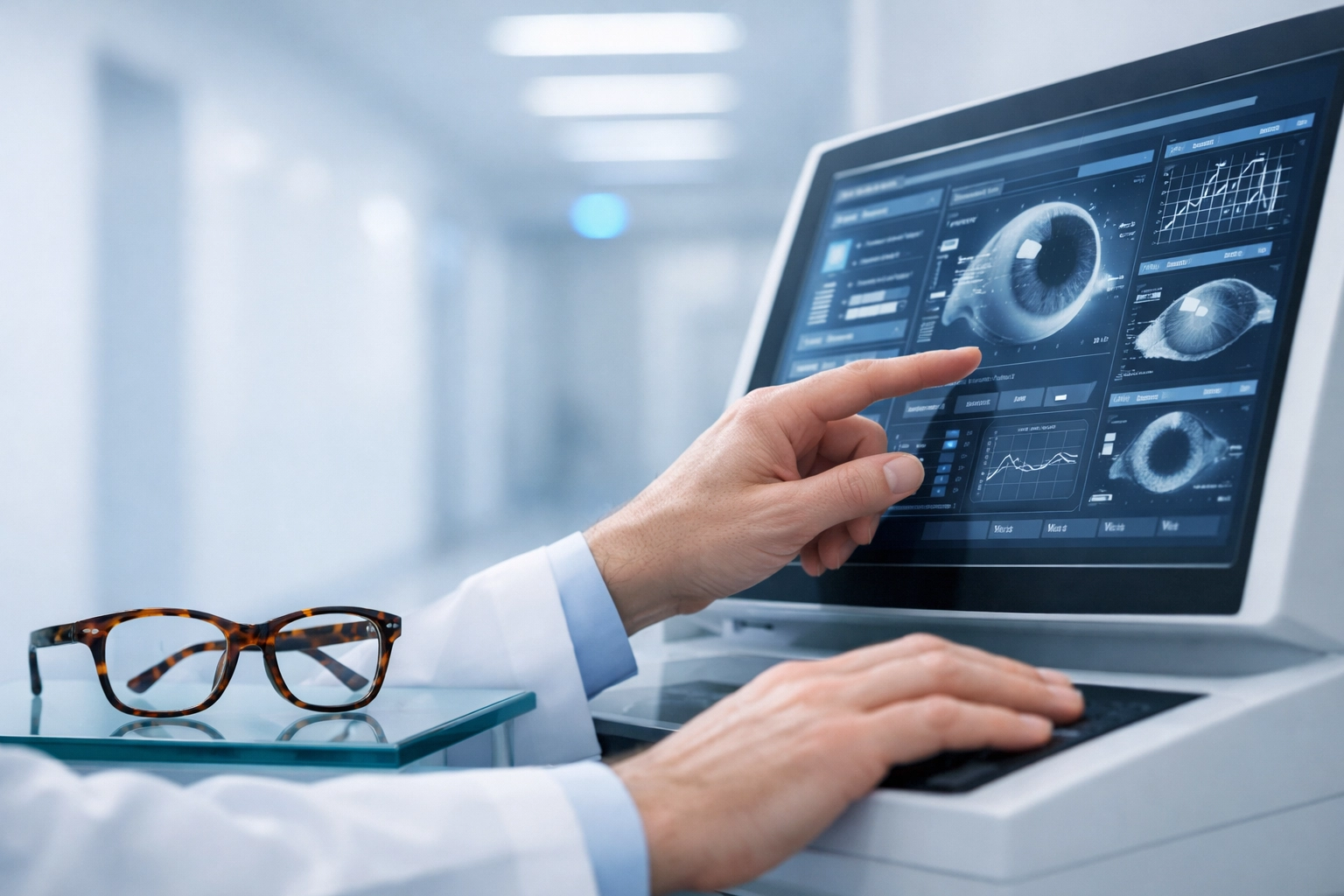 Specialized human oversight of optometry insurance claims at a digital billing workstation.