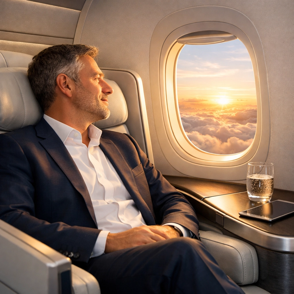 Corporate executive in a luxury first-class flight cabin for post-event travel recovery.