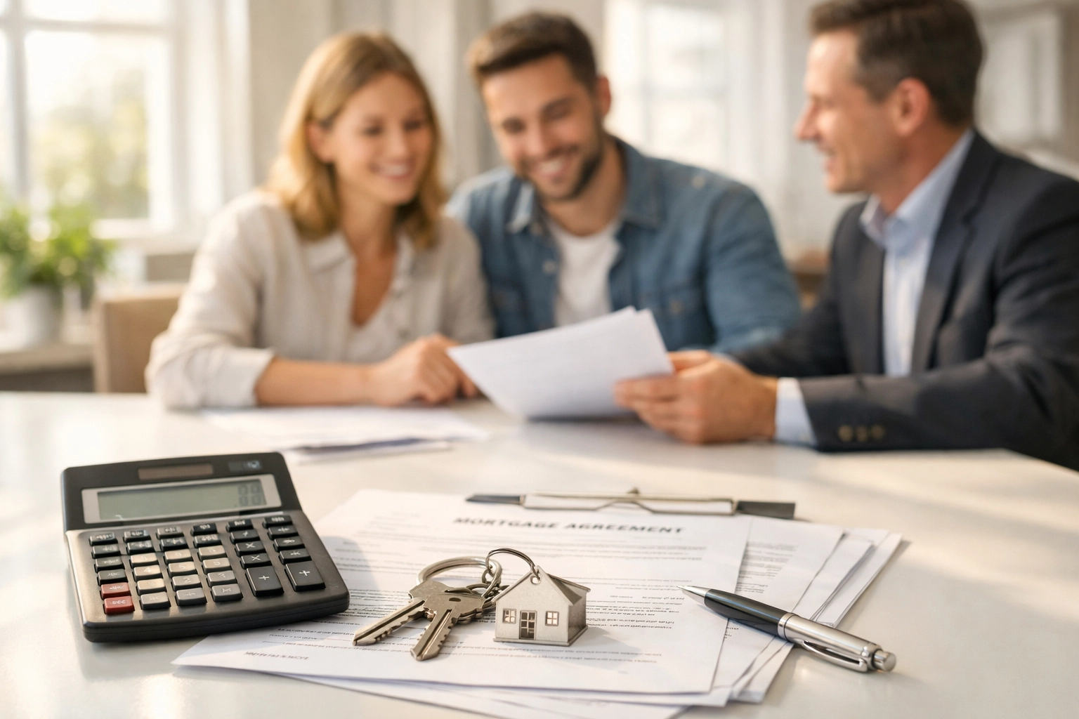 Couple reviewing mortgage documents with real estate agent in Triad NC Couple reviewing mortgage documents with real estate agent in Triad NC