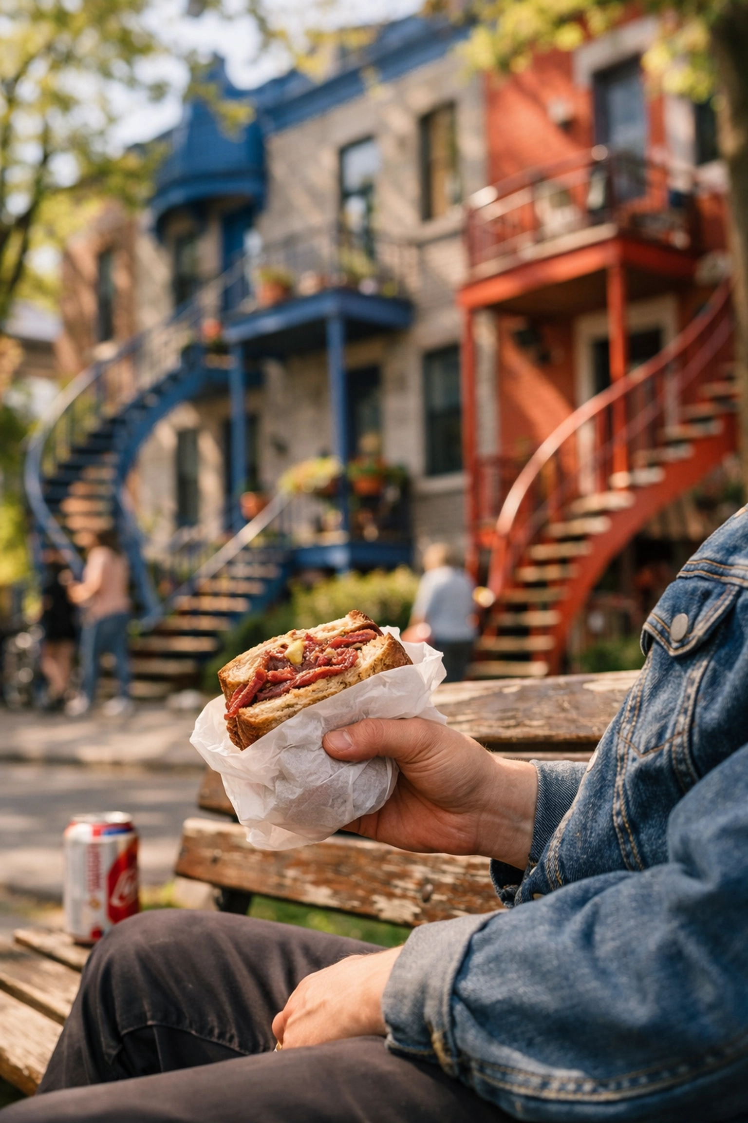 Eating a takeout smoked meat sandwich on a park bench near iconic winding staircases in Montreal's Plateau.