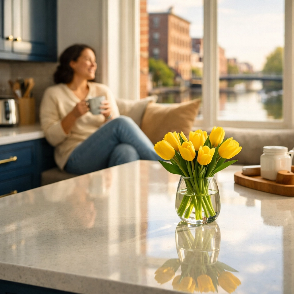 A sparkling clean modern kitchen in Lowell with canal views, allowing the homeowner to relax stress-free.