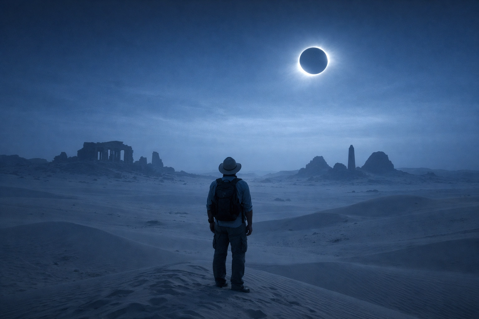 Traveler watching the 2027 total solar eclipse over ancient Egyptian desert ruins.