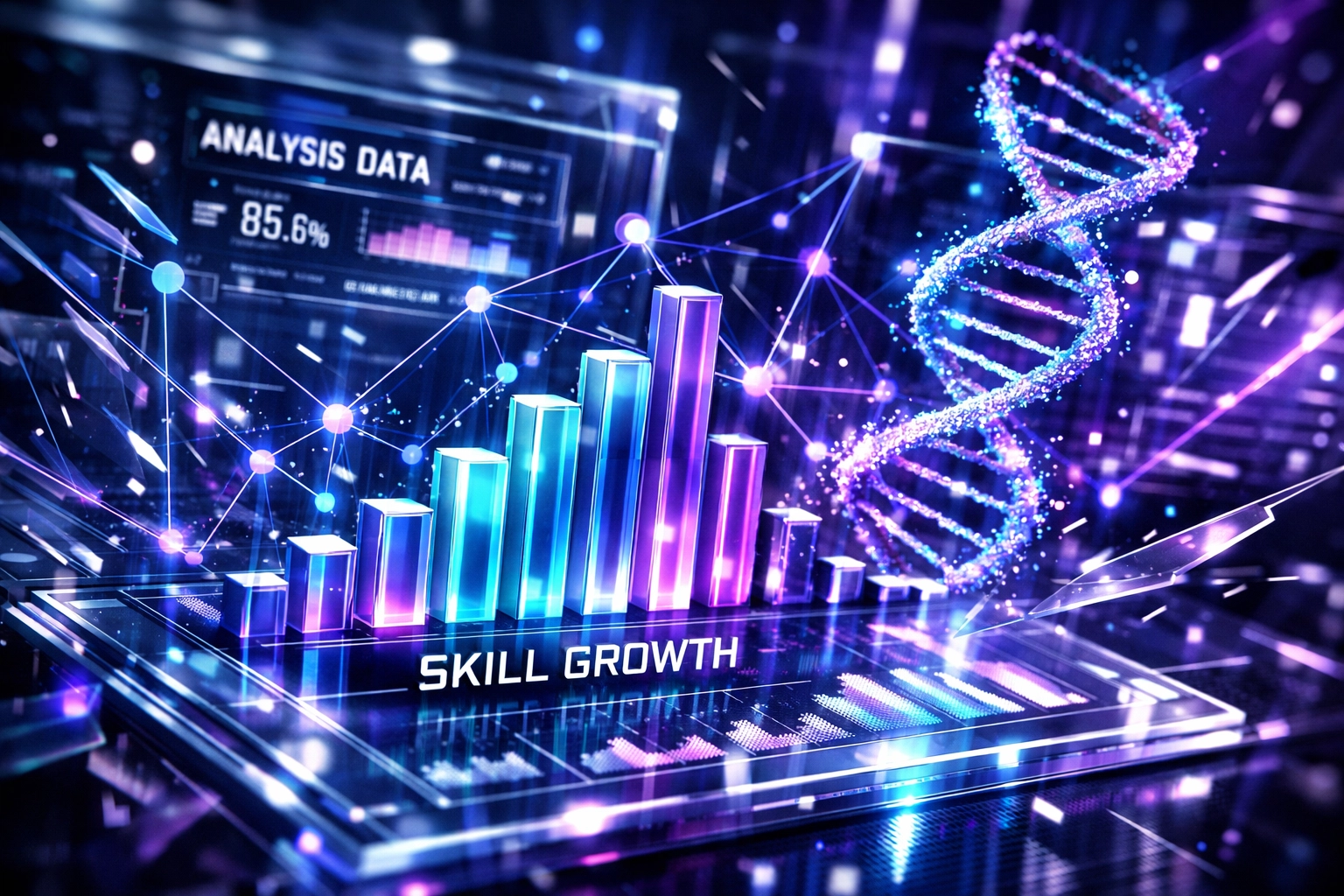 Futuristic data interface showing detailed skill growth analytics for effective extended reality training.