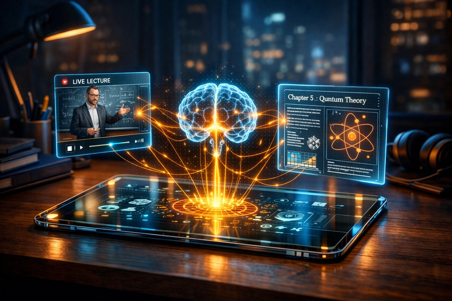 Holographic interface on a student desk showing a synced video lecture and digital textbook.
