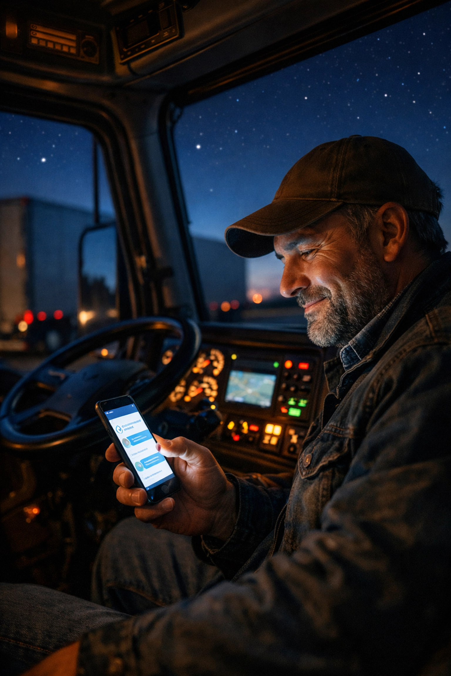 Long-haul truck driver at a rest stop using 24/7 online medical chat for a doctor consultation.