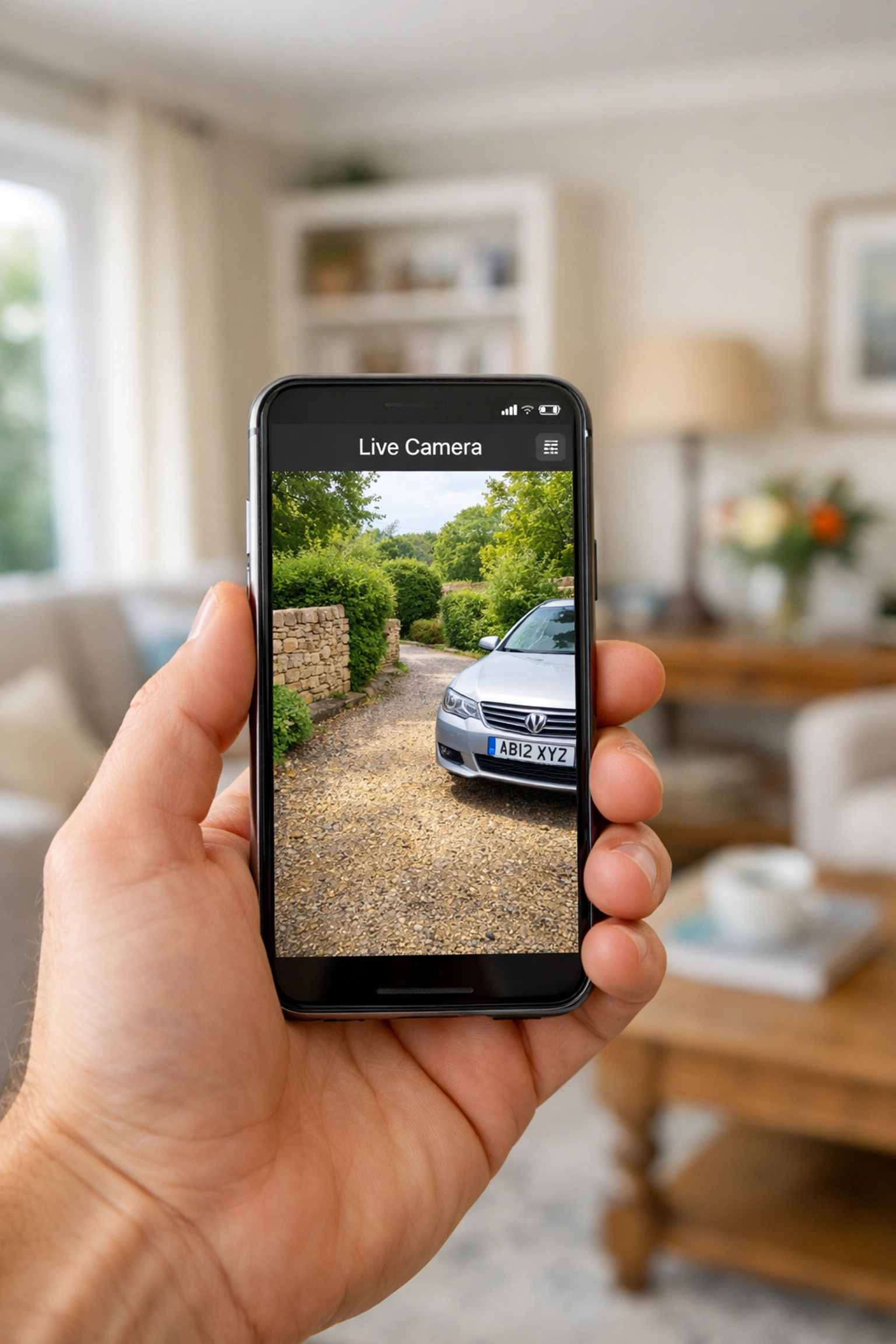 Remote monitoring of a Cheltenham home via a smartphone app showing high-definition CCTV camera footage.