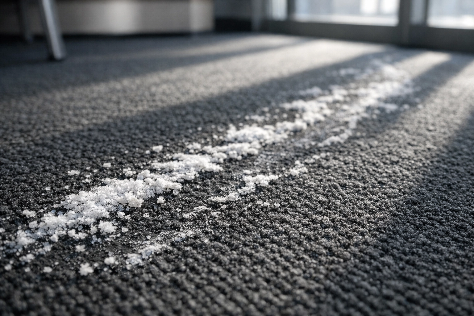 Close-up of white salt stains on a grey office carpet from Midwest winter foot traffic.