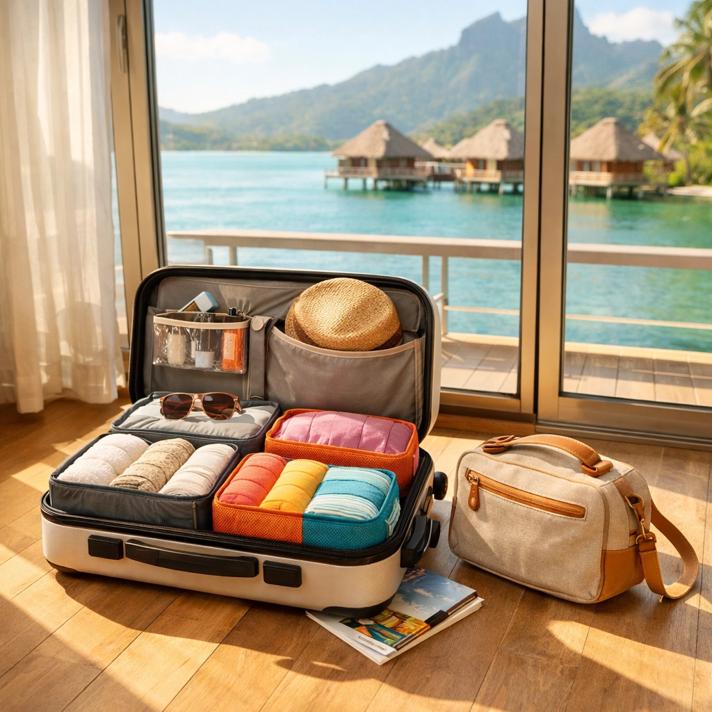 Carry-on suitcase with organized packing cubes in sunlit hotel room for minimalist travel