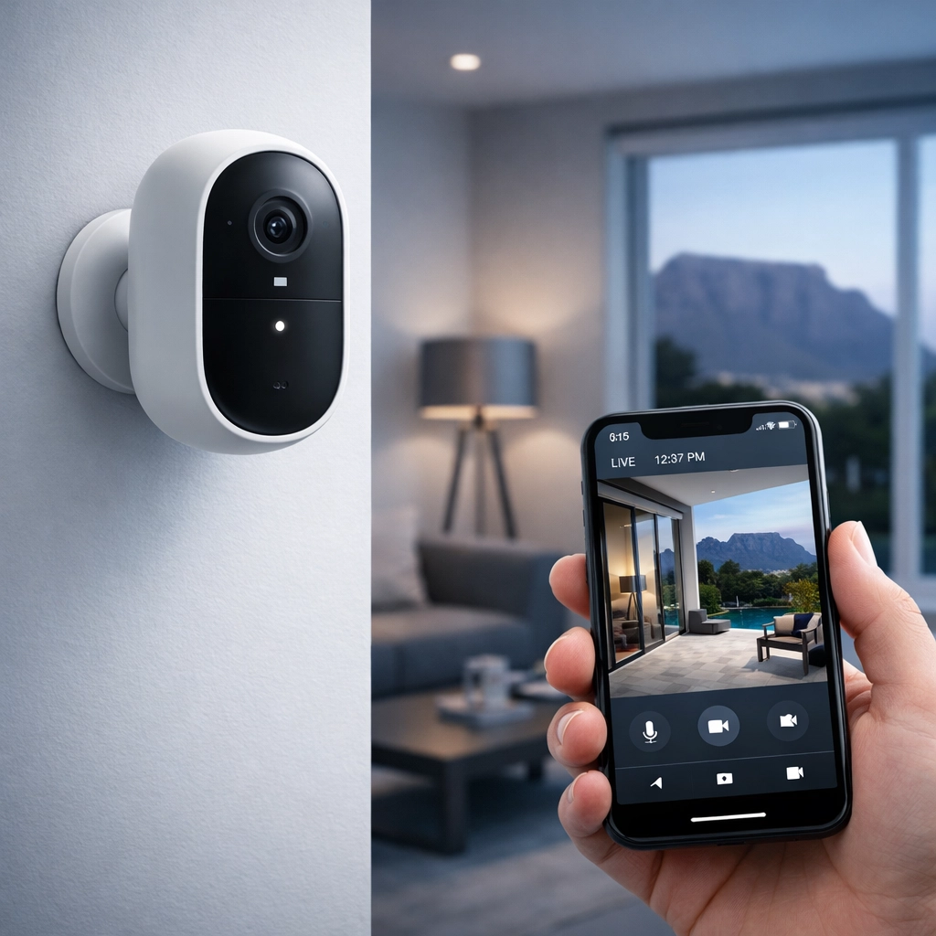 WiFi security camera and smartphone showing live video feed in Cape Town home