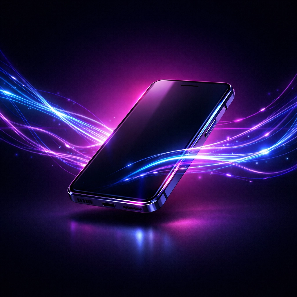 Sleek smartphone with neon light threads representing automated lead capture and AI communication.