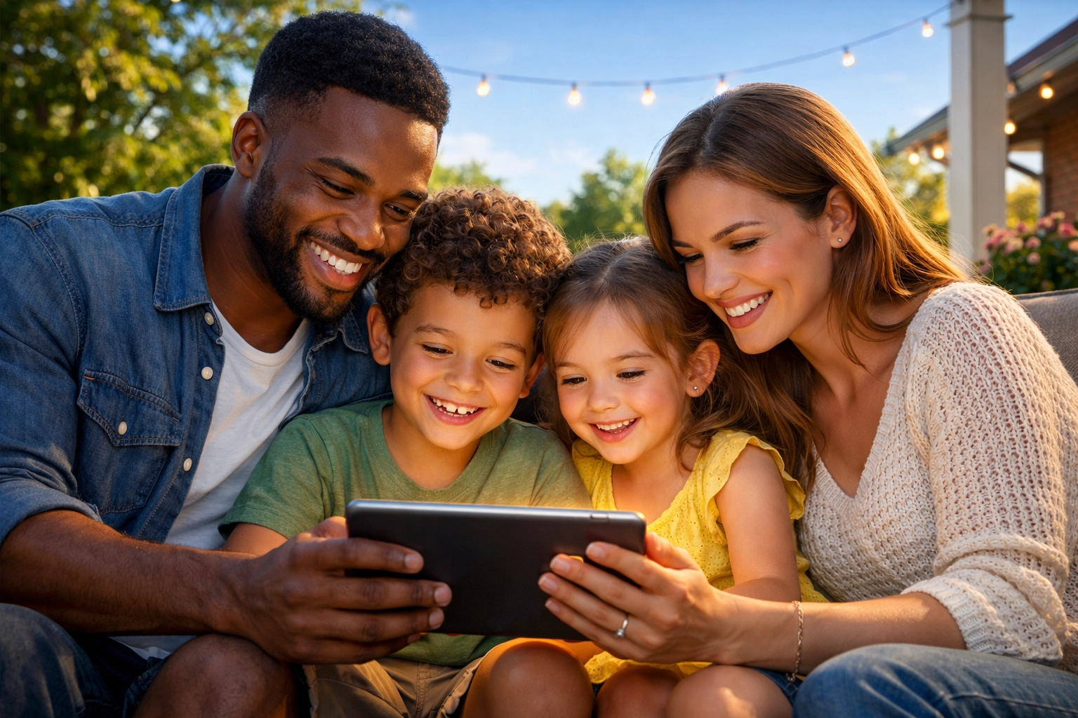 Diverse family connecting with online church through a tablet in a sunny backyard garden.