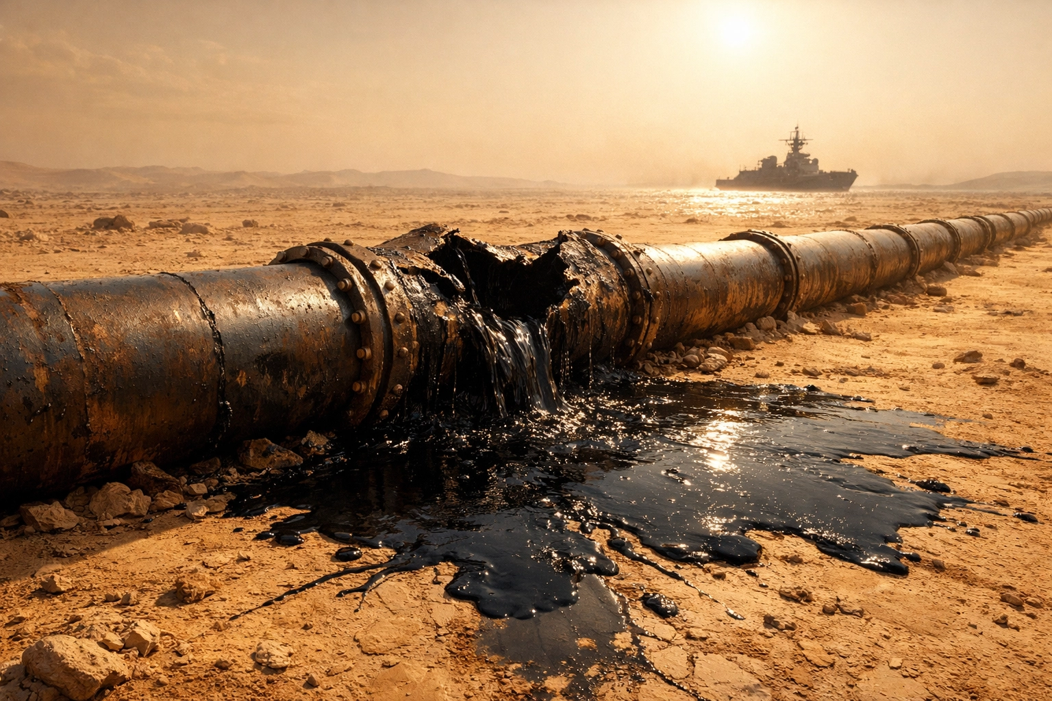 Ruptured oil pipeline in a desert with a distant ship, depicting trapped energy supply and blockades.