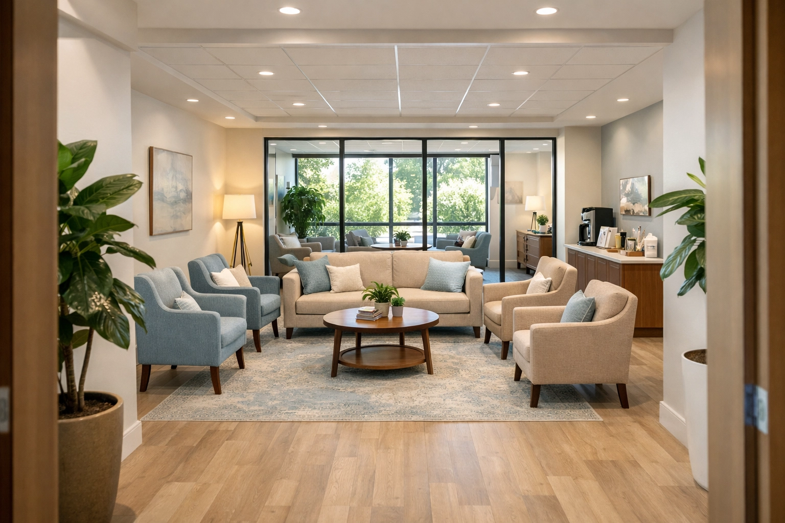 Bright welcoming treatment center common area with natural light and comfortable seating