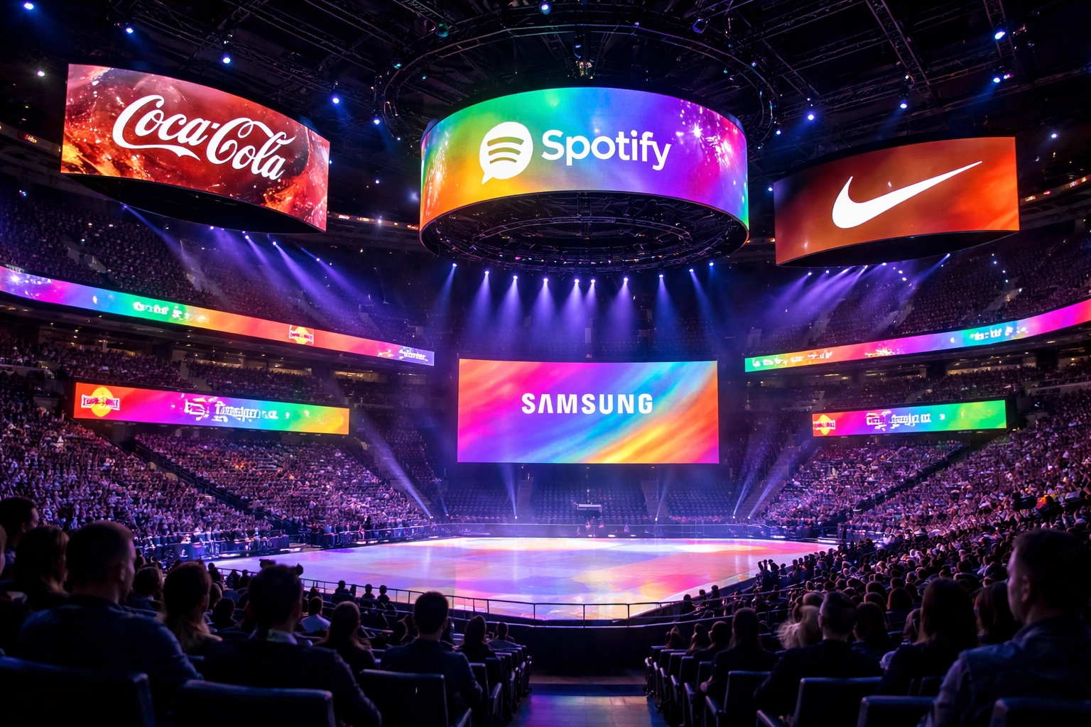Modern sports arena displaying digital LED venue advertising during an event, highlighting innovative brand engagement strategies.