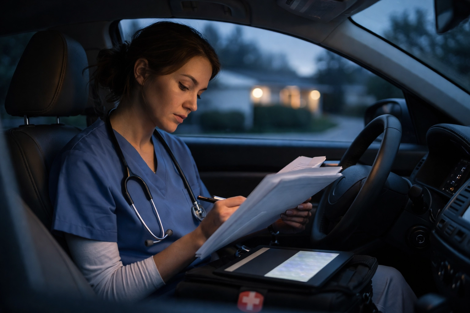 A home health nurse reviews paperwork and documentation in her car after patient visits, highlighting administrative burden.
