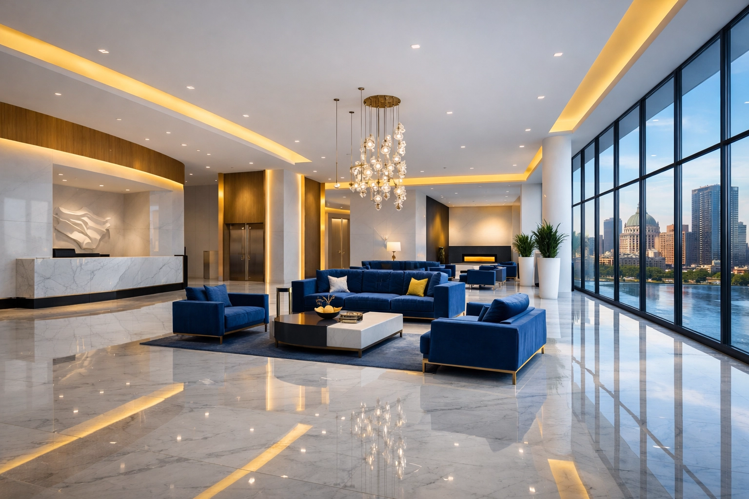 A polished luxury lobby in Boston, illustrating the consistent standard of elite property management cleaning services MA.
