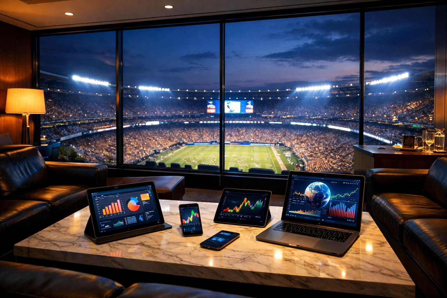 Modern executive suite with stadium views and data analytics for elite sports marketing strategy.