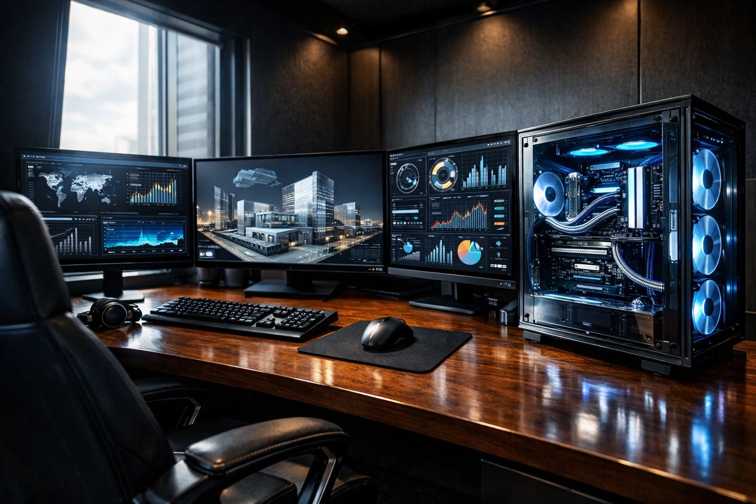 Modern high-performance workstation inside a computing pod with ultra-wide screens for data visualization.