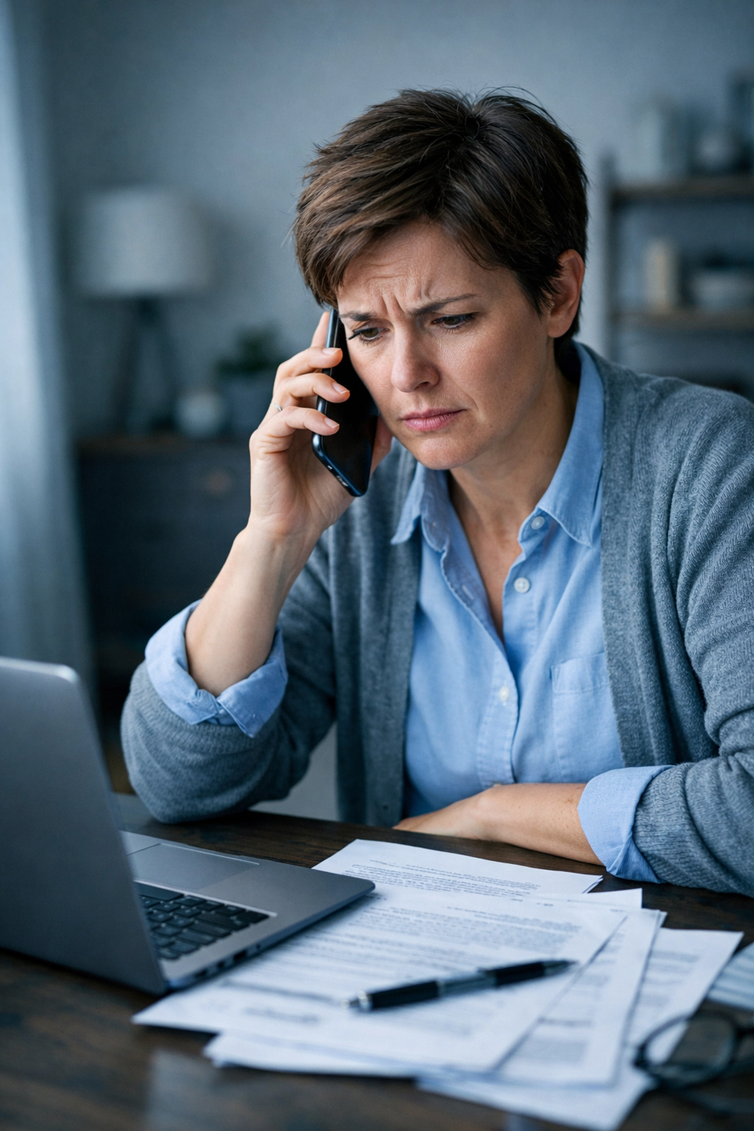 Injured driver on the phone with an insurance adjuster after a Boston car accident, speaking with a Boston car accident lawyer first