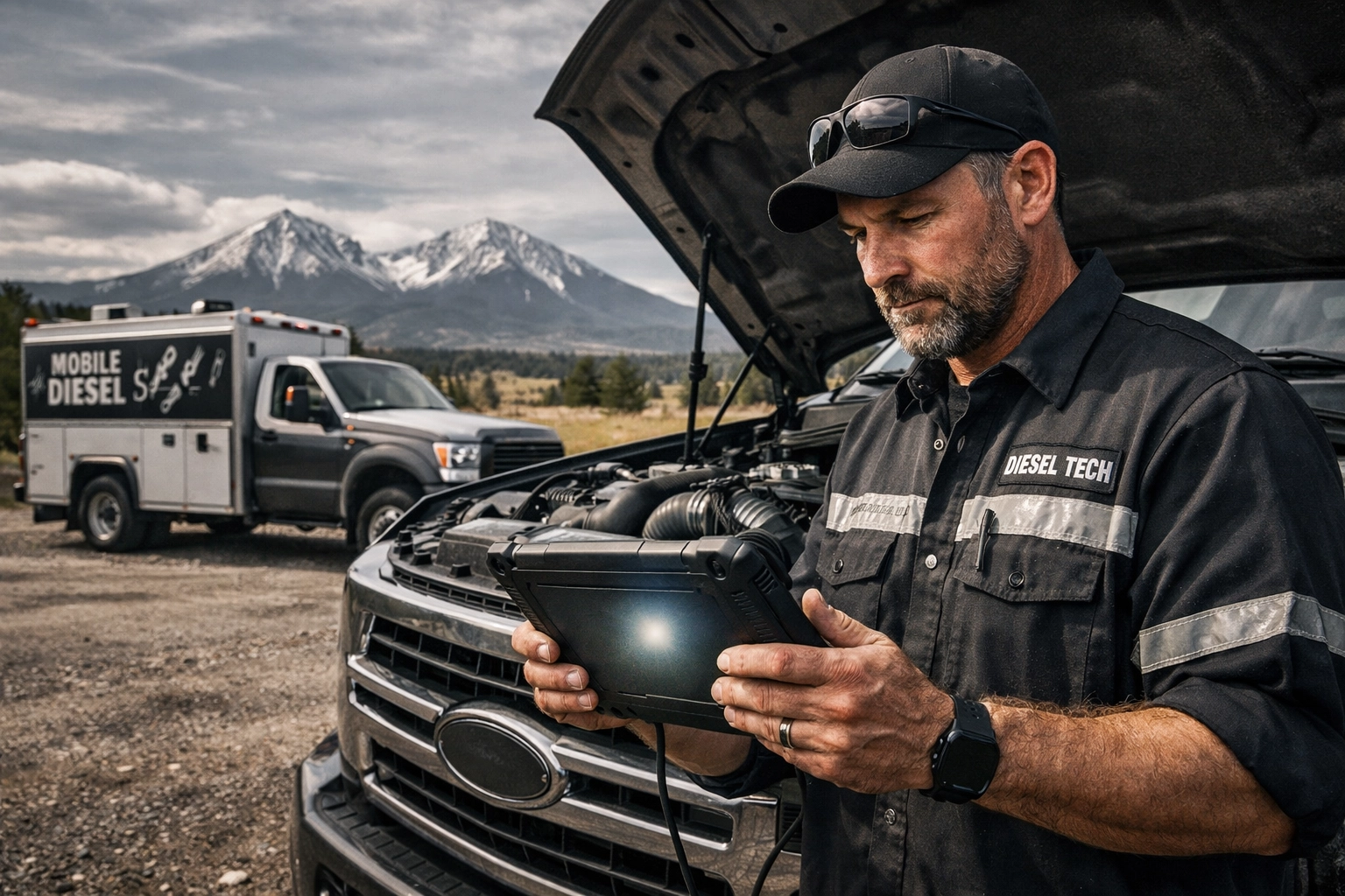 Expert diesel repair Trinidad CO featuring a mobile mechanic performing truck diagnostics on-site.