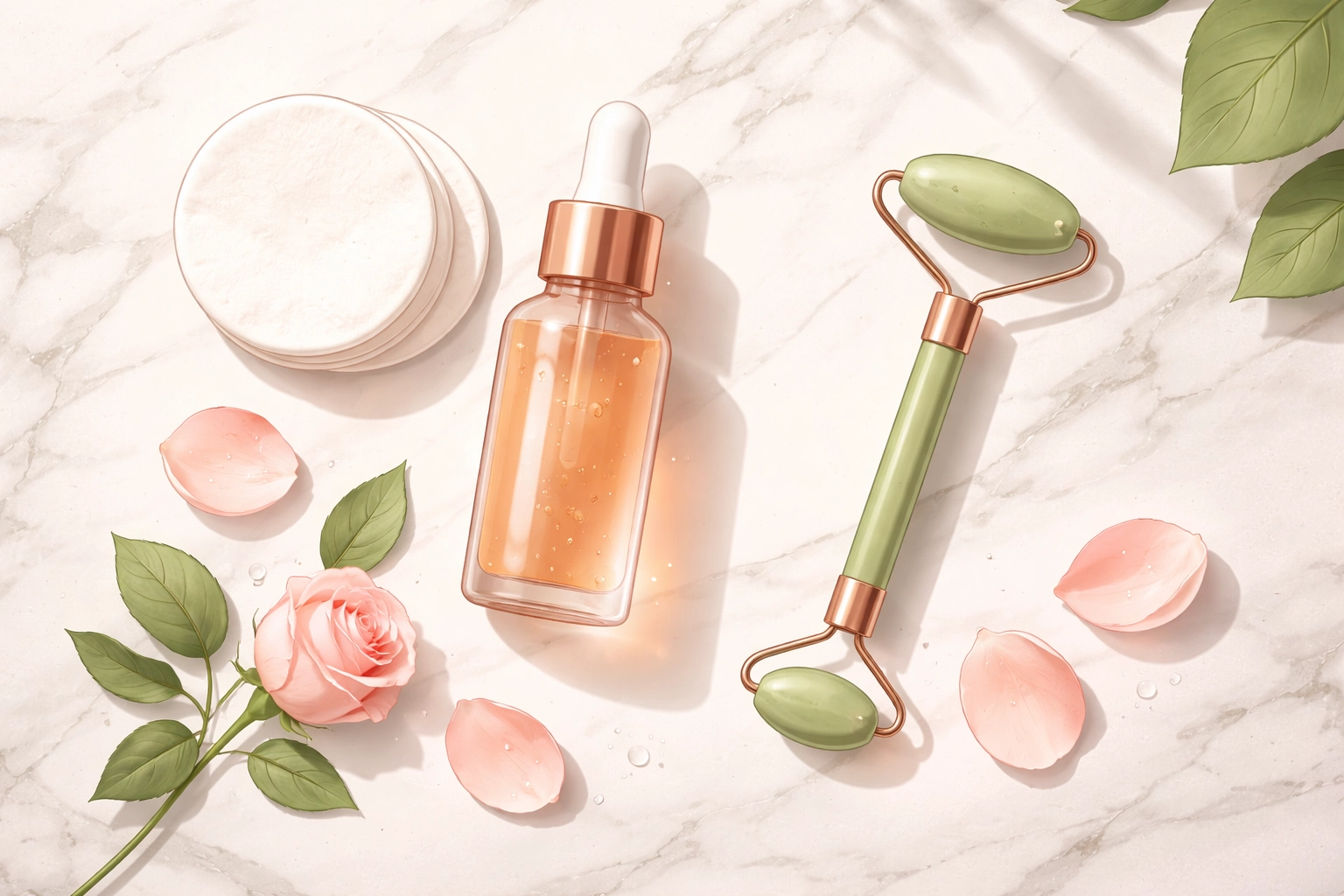 Flat lay of copper peptide firming serum bottle and skincare essentials promoting a daily skincare routine.