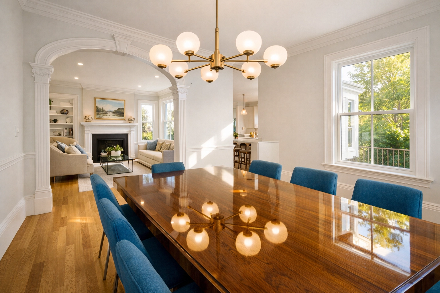 Bright dining area with polished wood table ready for guests after a weekly house cleaning service.