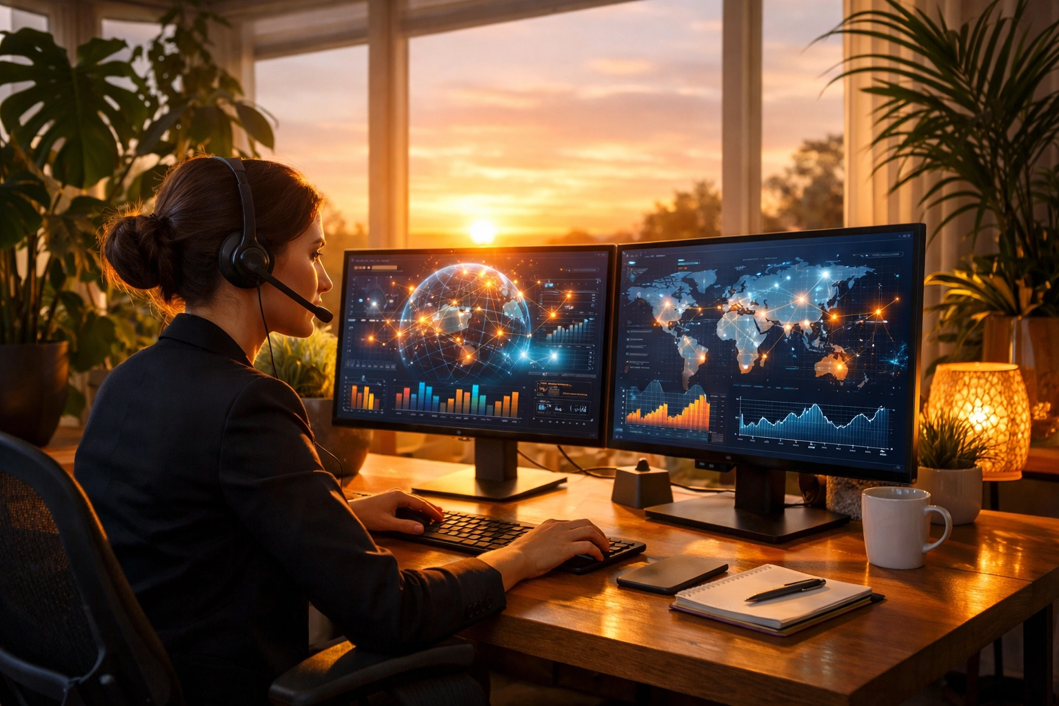 Professional using a headset to manage business VoIP Canada services from a modern home office.