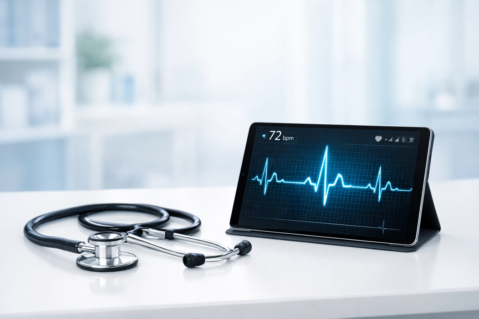 Professional medical consultation space showing a stethoscope and tablet, representing safe medical oversight.