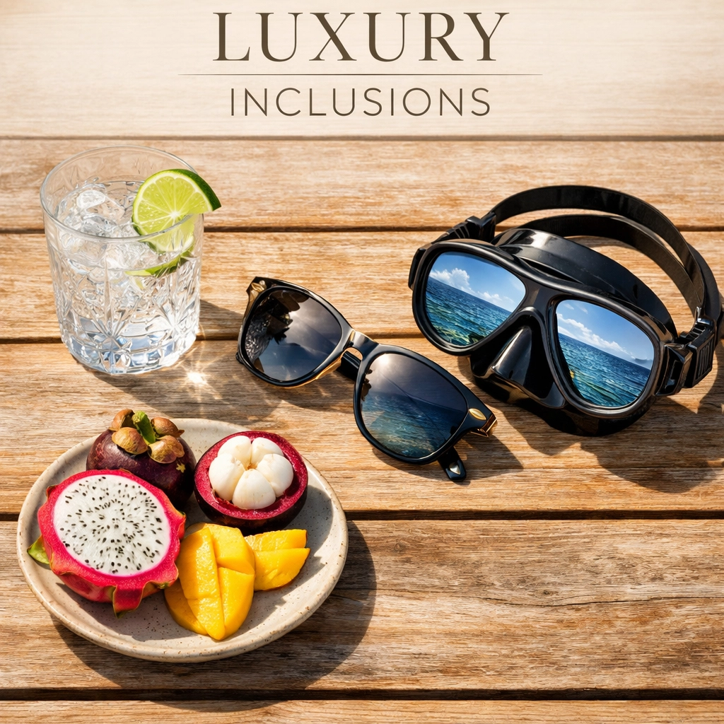 Luxury resort amenities and snorkeling gear included in Maldives all inclusive packages.