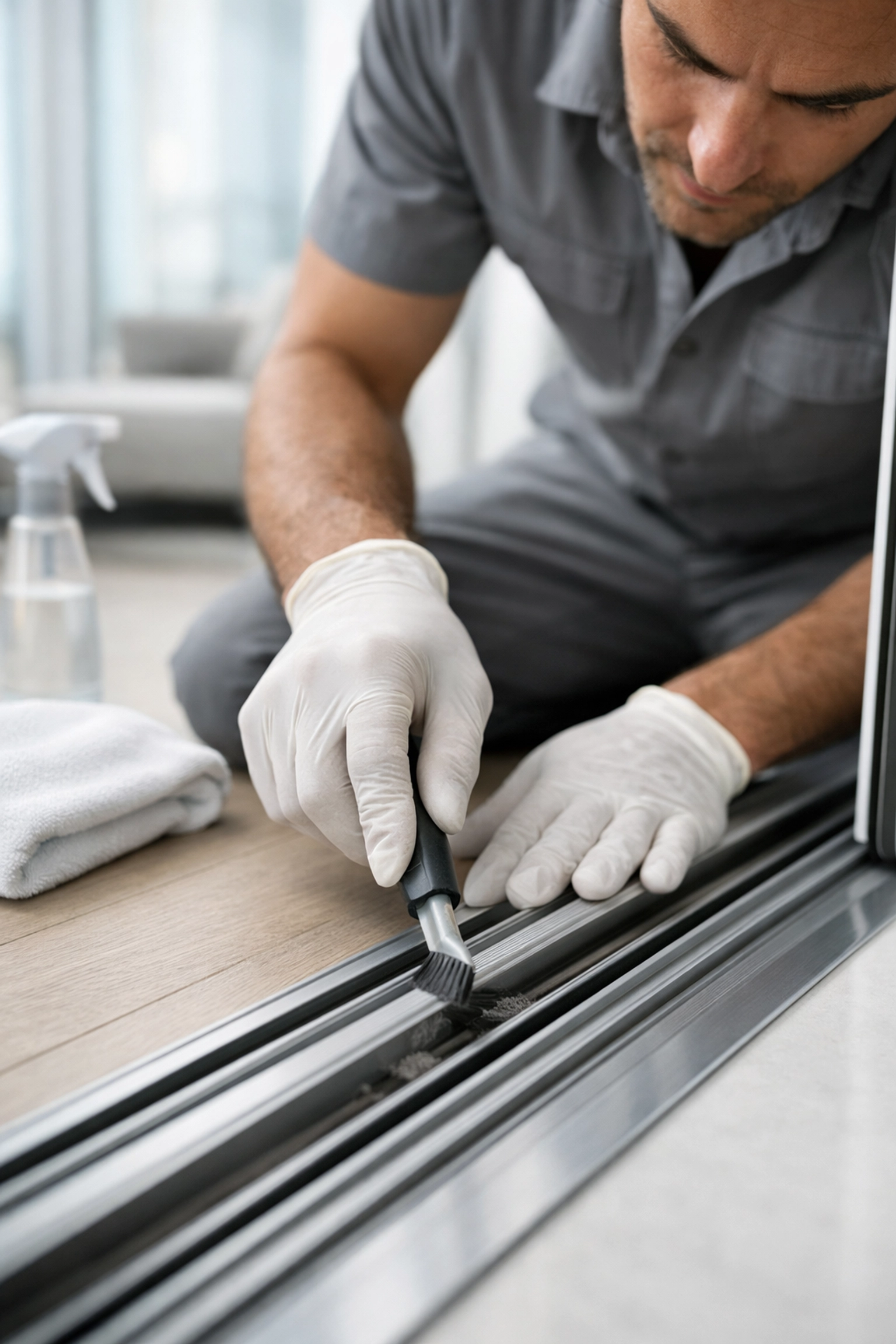 Professional cleaner performing detailed apartment turnover cleaning on sliding door tracks.