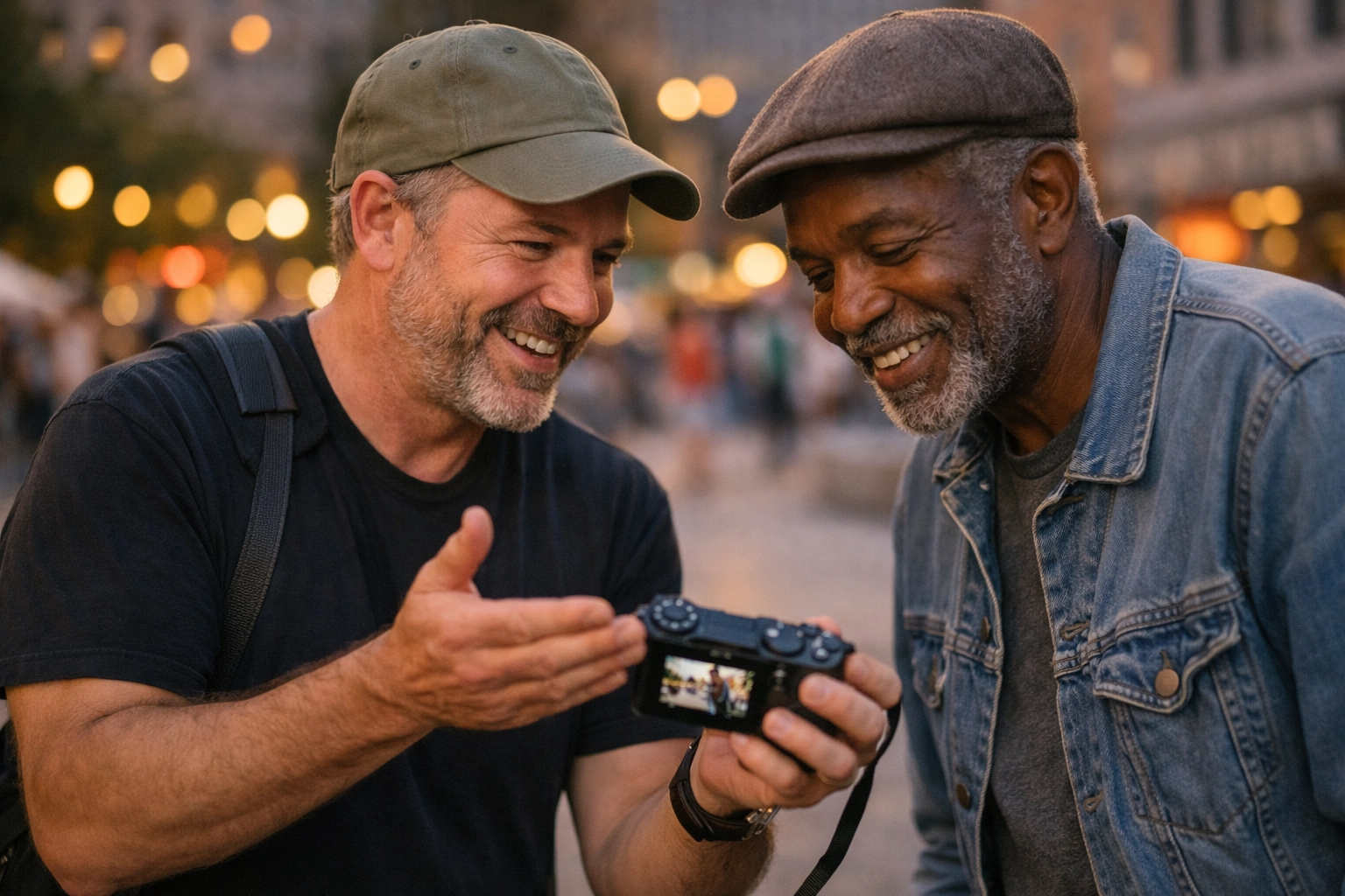 A street photographer showing an image to a subject, highlighting the importance of ethics in street photography.