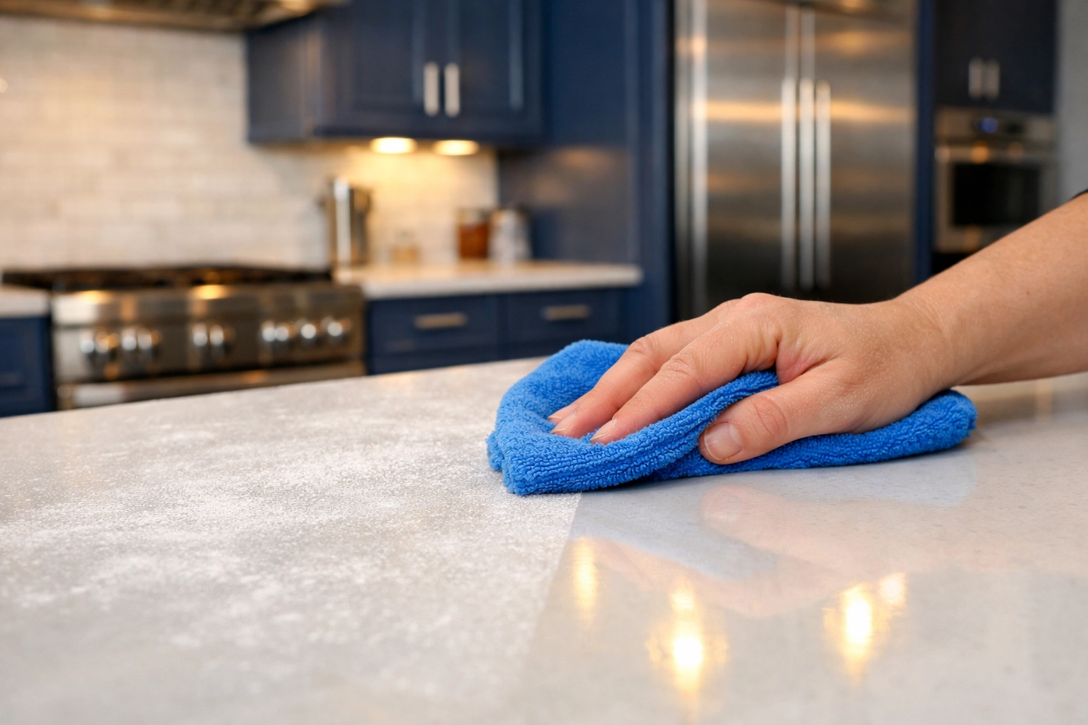 Professional post construction cleaning in Franklin removing drywall dust from a white kitchen countertop.