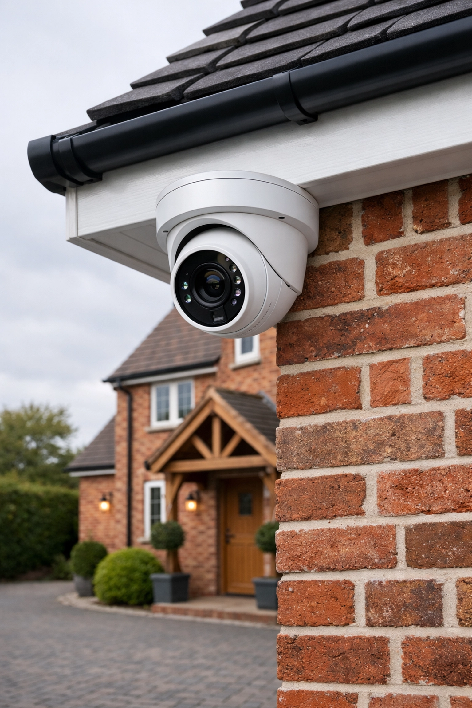 Professional installation of a high-definition security camera on a traditional Oxfordshire brick home.